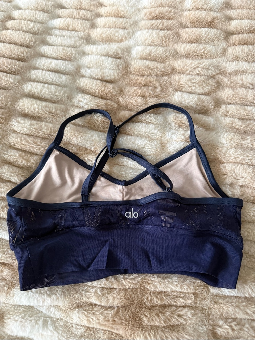 ALO Yoga Purple Strappy Mesh Sports Bra with Beige Lining